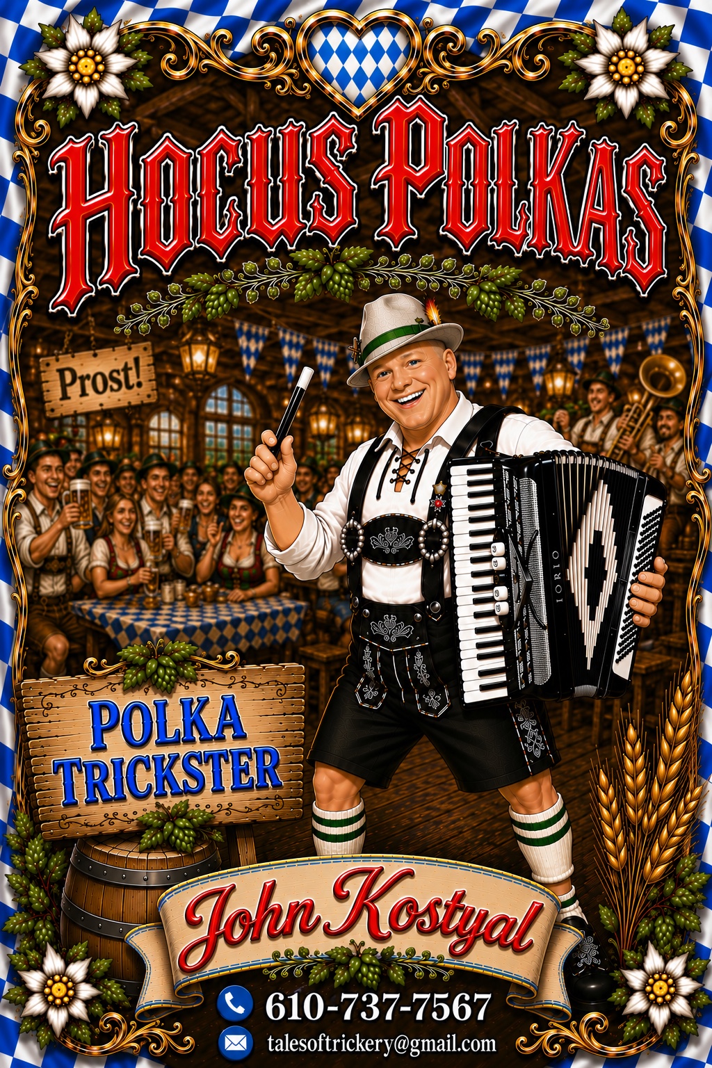 Hocus Polkas show poster featuring John Kostyal in a festive Bavarian beer hall